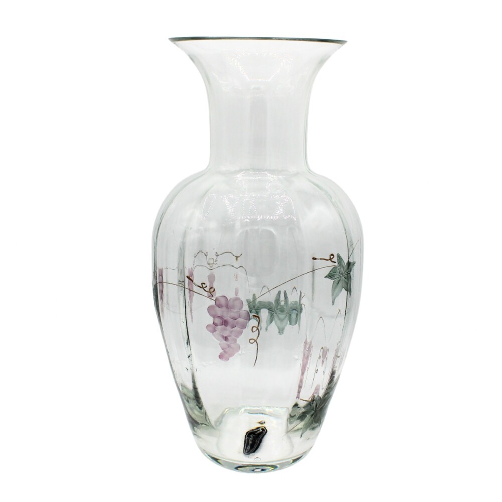Vintage Large Glass Vase Etched Grape Design Hand Painted Accents by Wine Things
